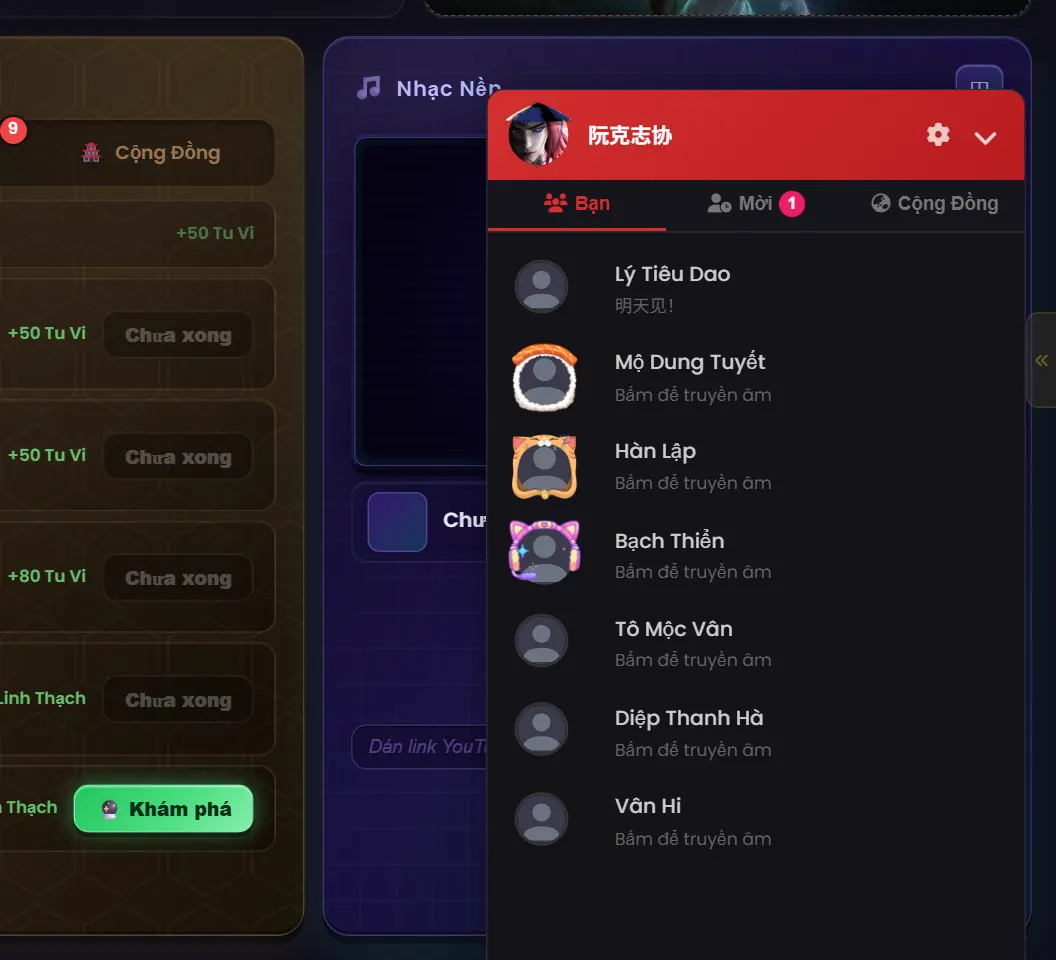 Danh sách bằng hữu kèm khung avatar và trạng thái online
