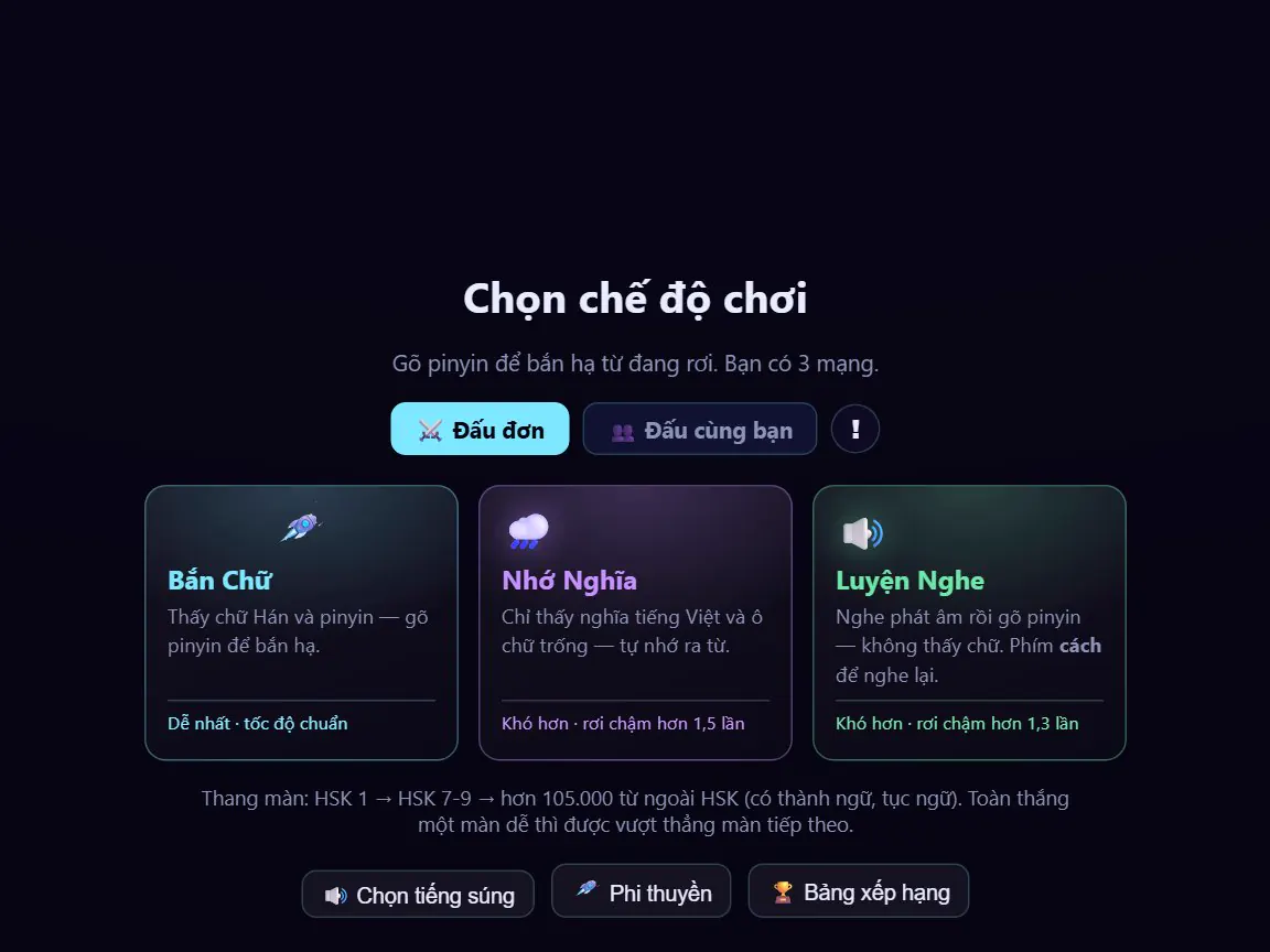 Chọn chế độ chơi: Bắn Chữ, Nhớ Nghĩa, Luyện Nghe; đấu đơn hoặc cùng bạn