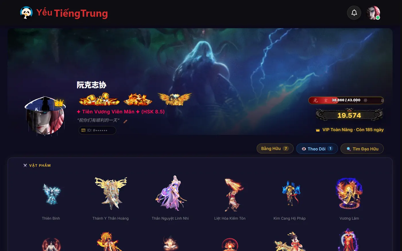 Hồ sơ đạo hữu: ảnh bìa, khung avatar, danh hiệu, cảnh giới tu luyện, vật phẩm