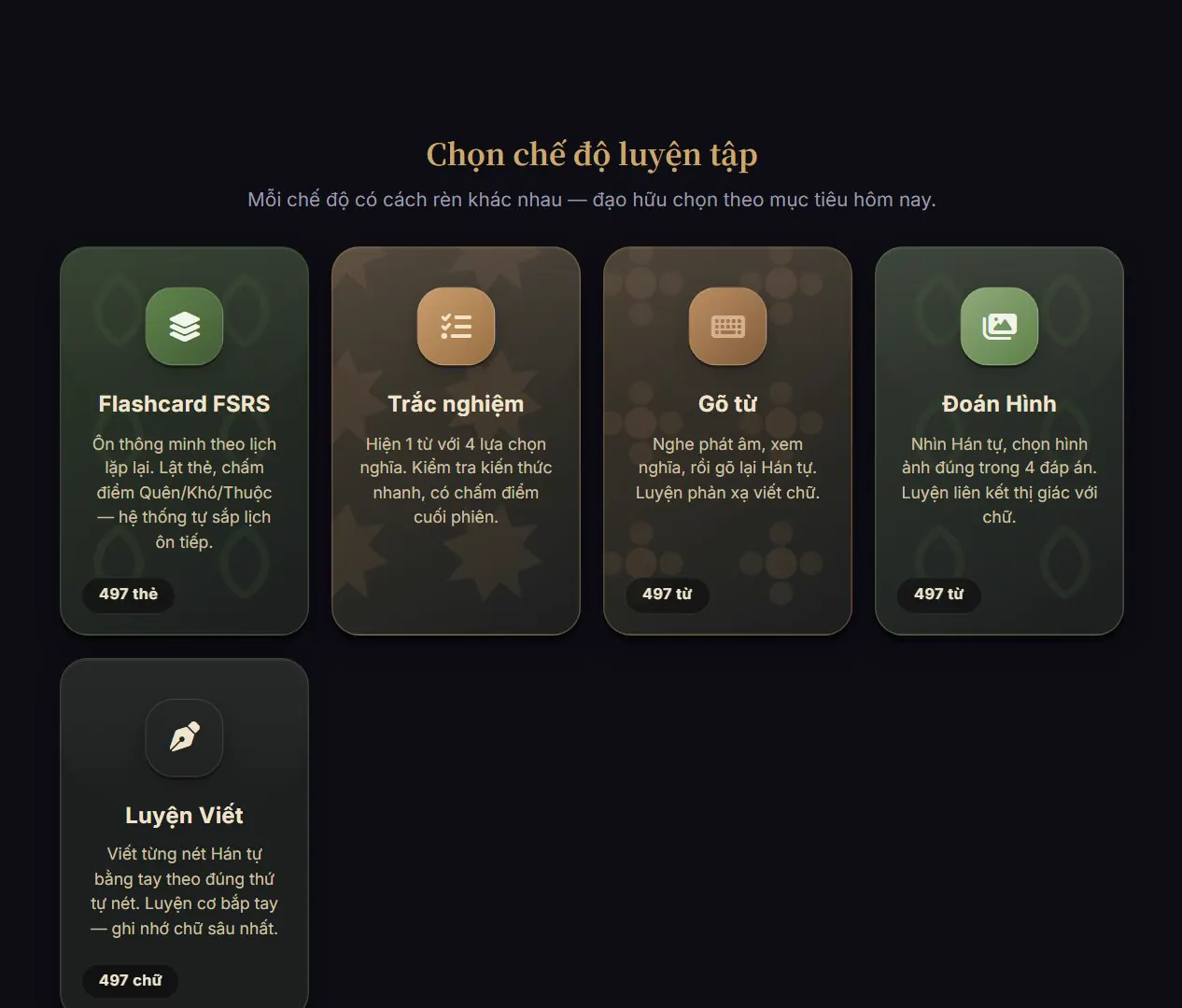 Chọn chế độ luyện tập: Flashcard FSRS, Trắc nghiệm, Gõ từ, Đoán Hình, Luyện Viết